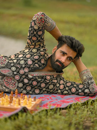 Men’s Black Floral Embroidered Designer Kurta