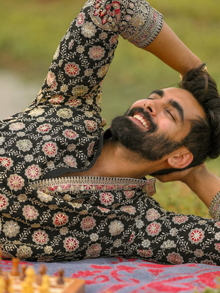 Men’s Black Floral Embroidered Designer Kurta