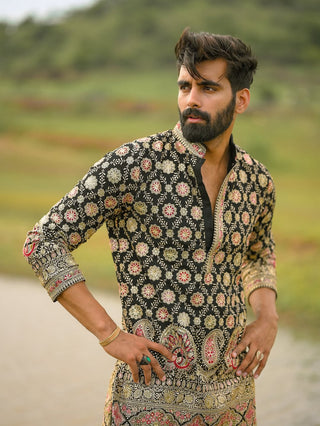 Men’s Black Floral Embroidered Designer Kurta