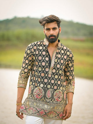 Men’s Black Floral Embroidered Designer Kurta