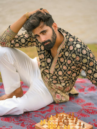 Men’s Black Floral Embroidered Designer Kurta