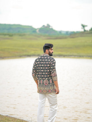 Men’s Black Floral Embroidered Designer Kurta