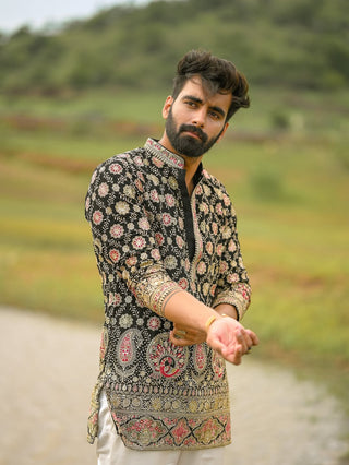 Men’s Black Floral Embroidered Designer Kurta