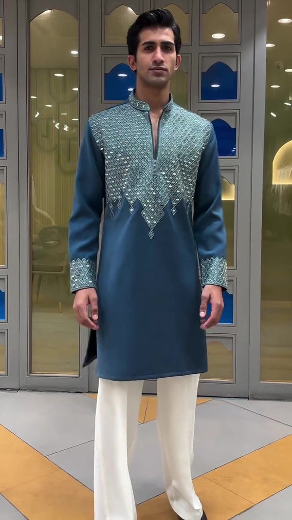 Men’s Teal Blue mirror work Designer Kurta