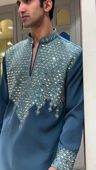 Men’s Teal Blue mirror work Designer Kurta