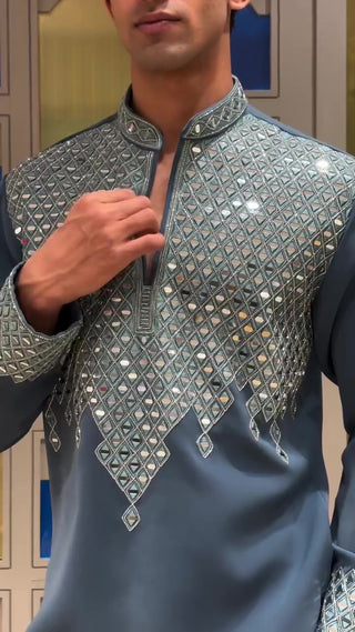 Men’s Teal Blue mirror work Designer Kurta