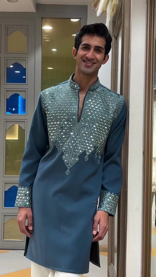 Men’s Teal Blue mirror work Designer Kurta