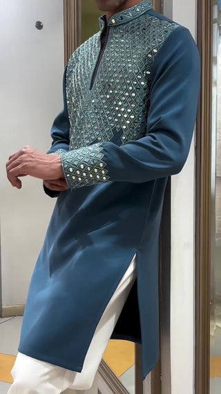 Men’s Teal Blue mirror work Designer Kurta
