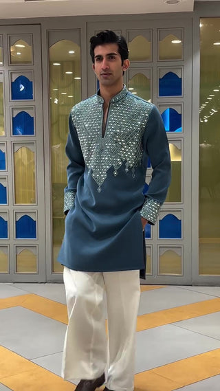 Men’s Teal Blue mirror work Designer Kurta