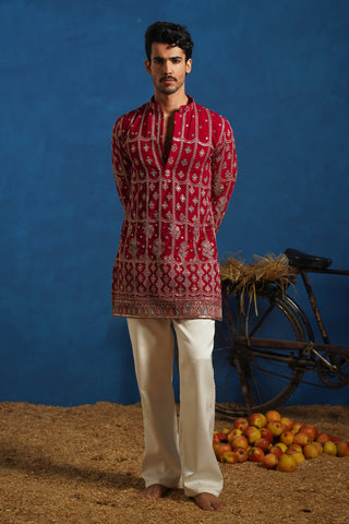 Men’s Red Heavy Embroidered Designer Kurta