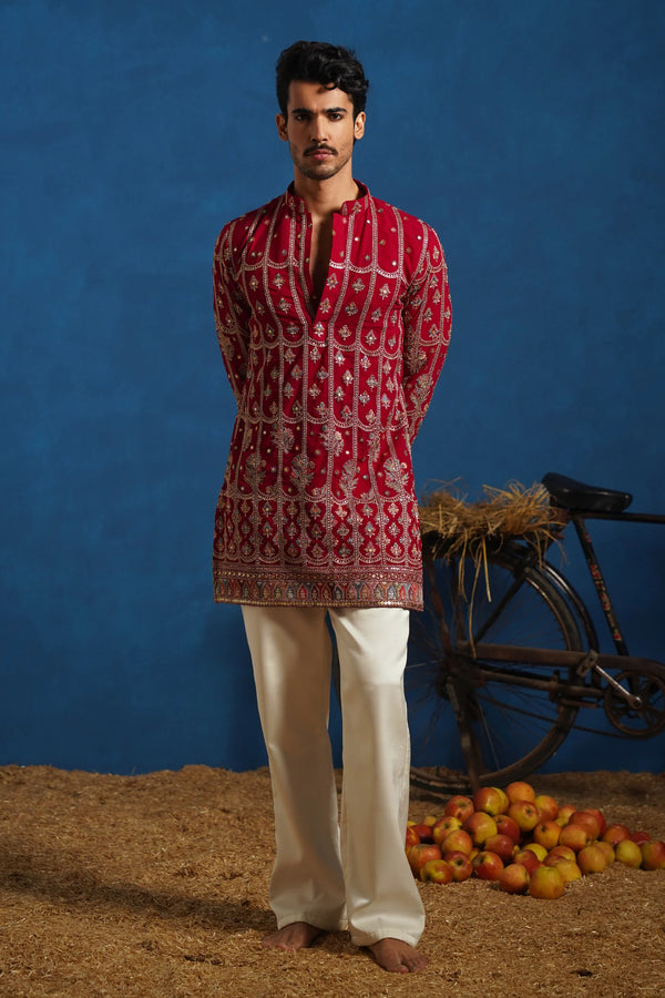 Men’s Red Heavy Embroidered Designer Kurta