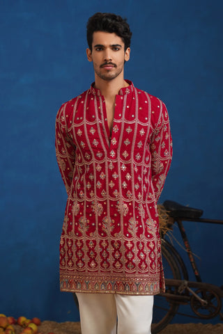 Men’s Red Heavy Embroidered Designer Kurta