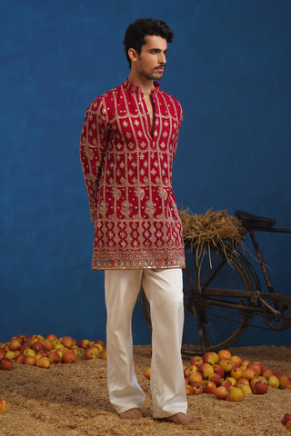Men’s Red Heavy Embroidered Designer Kurta