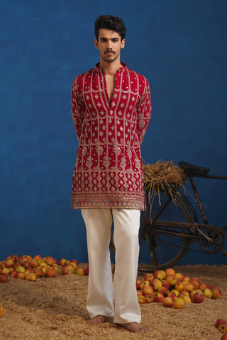 Men’s Red Heavy Embroidered Designer Kurta