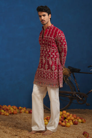 Men’s Red Heavy Embroidered Designer Kurta