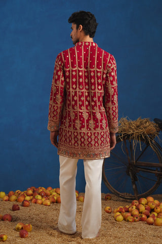 Men’s Red Heavy Embroidered Designer Kurta