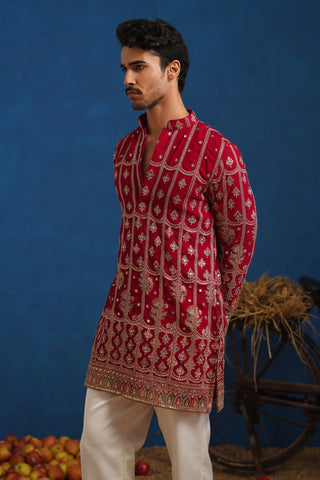 Men’s Red Heavy Embroidered Designer Kurta