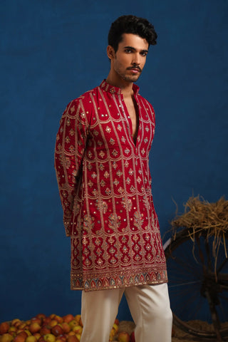 Men’s Red Heavy Embroidered Designer Kurta