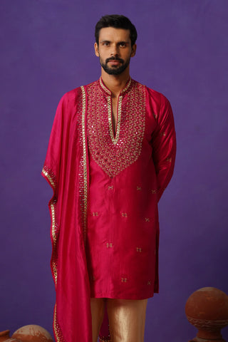 Men’s Red Silk Embroidered Kurta with Dupatta