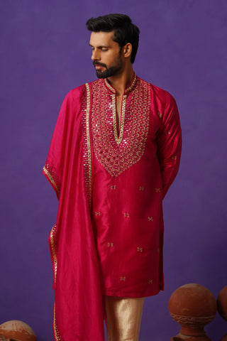 Men’s Red Silk Embroidered Kurta with Dupatta