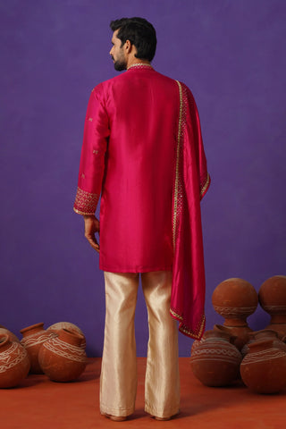 Men’s Red Silk Embroidered Kurta with Dupatta