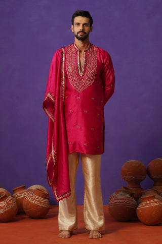 Men’s Red Silk Embroidered Kurta with Dupatta