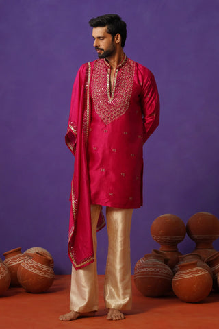 Men’s Red Silk Embroidered Kurta with Dupatta