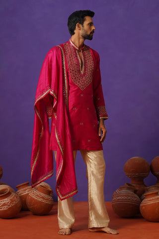 Men’s Red Silk Embroidered Kurta with Dupatta