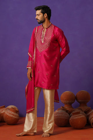 Men’s Red Silk Embroidered Kurta with Dupatta