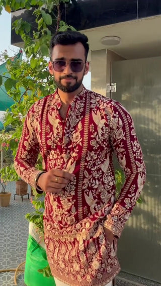 Men’s Maroon Embroidered Ethnic Kurta