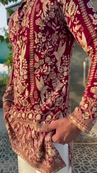 Men’s Maroon Embroidered Ethnic Kurta