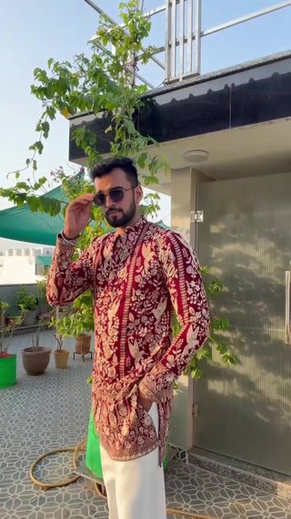 Men’s Maroon Embroidered Ethnic Kurta