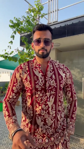 Men’s Maroon Embroidered Ethnic Kurta