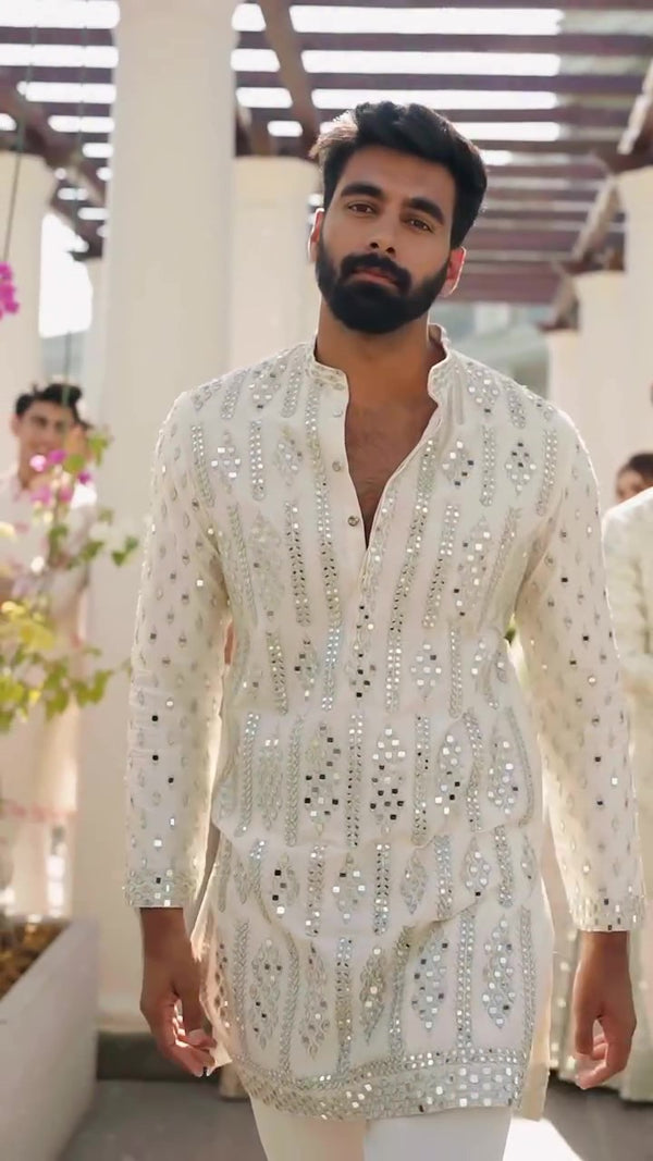 Ivory Mirror Work Embroidered Kurta