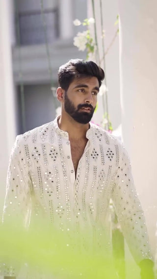 Ivory Mirror Work Embroidered Kurta