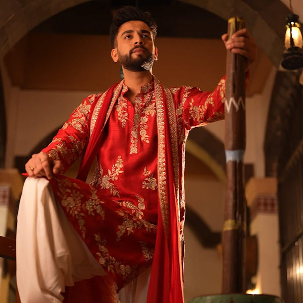 Men’s Red Embroidered Designer Kurta with Dupatta