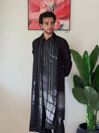 Black Luxury  Sequined and bids Kurta Set with Embellished Stole for Men