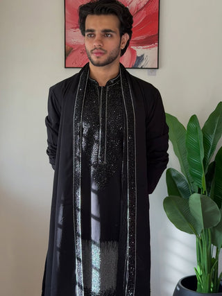 Black Luxury  Sequined and bids Kurta Set with Embellished Stole for Men