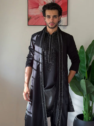 Black Luxury  Sequined and bids Kurta Set with Embellished Stole for Men