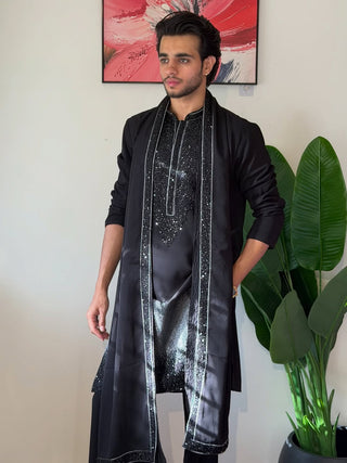 Black Luxury  Sequined and bids Kurta Set with Embellished Stole for Men