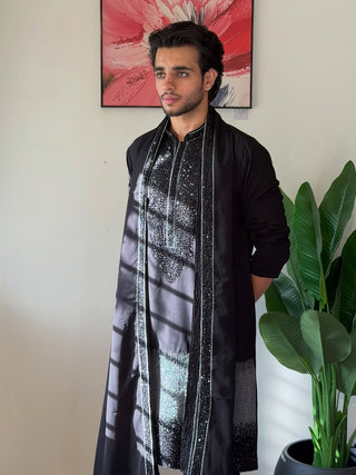 Black Luxury  Sequined and bids Kurta Set with Embellished Stole for Men