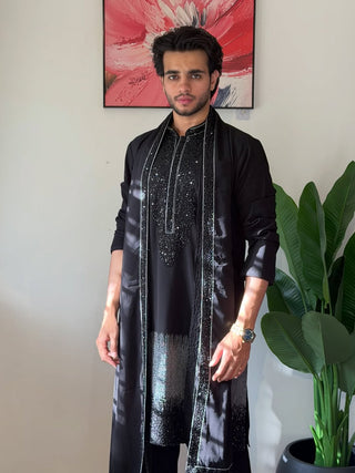 Black Luxury  Sequined and bids Kurta Set with Embellished Stole for Men