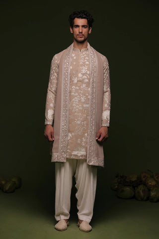 Men’s Beige Embroidered Designer Kurta with Dupatta