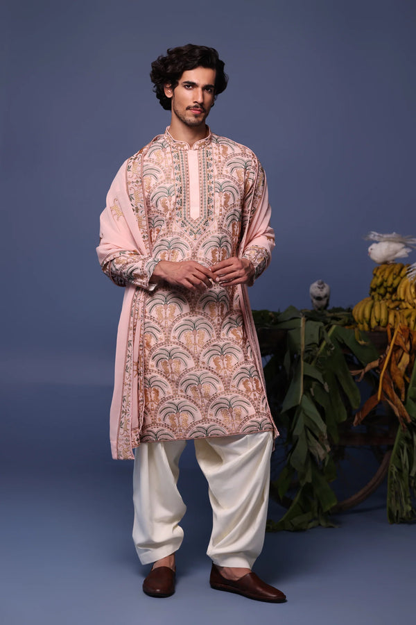Blush Pink embroidery  Kurta Set with Dupatta for Men