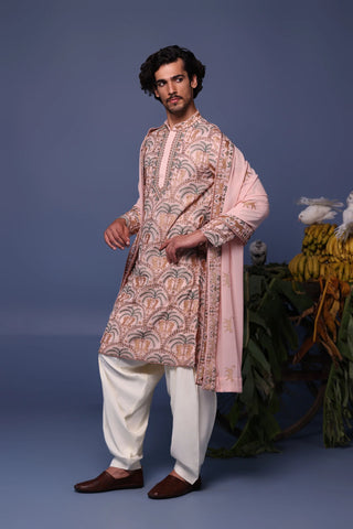 Blush Pink embroidery  Kurta Set with Dupatta for Men
