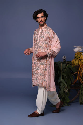 Blush Pink embroidery  Kurta Set with Dupatta for Men