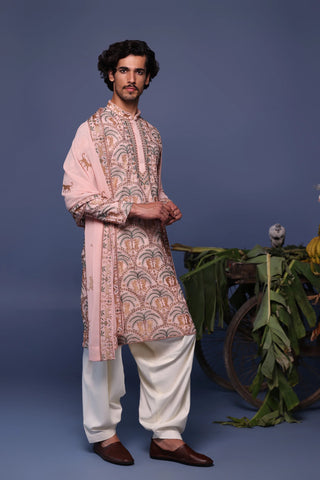 Blush Pink embroidery  Kurta Set with Dupatta for Men