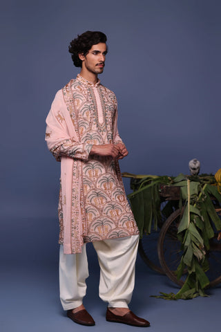 Blush Pink embroidery  Kurta Set with Dupatta for Men