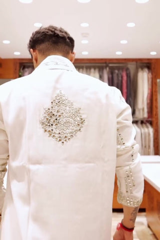 Men’s White Mirror Embroidered Kurta Set with Dupatta