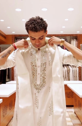 Men’s White Mirror Embroidered Kurta Set with Dupatta
